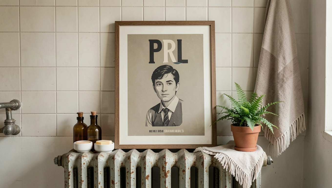 Aranżacja łazienki z plakatem PRL i ramką w stylu retro