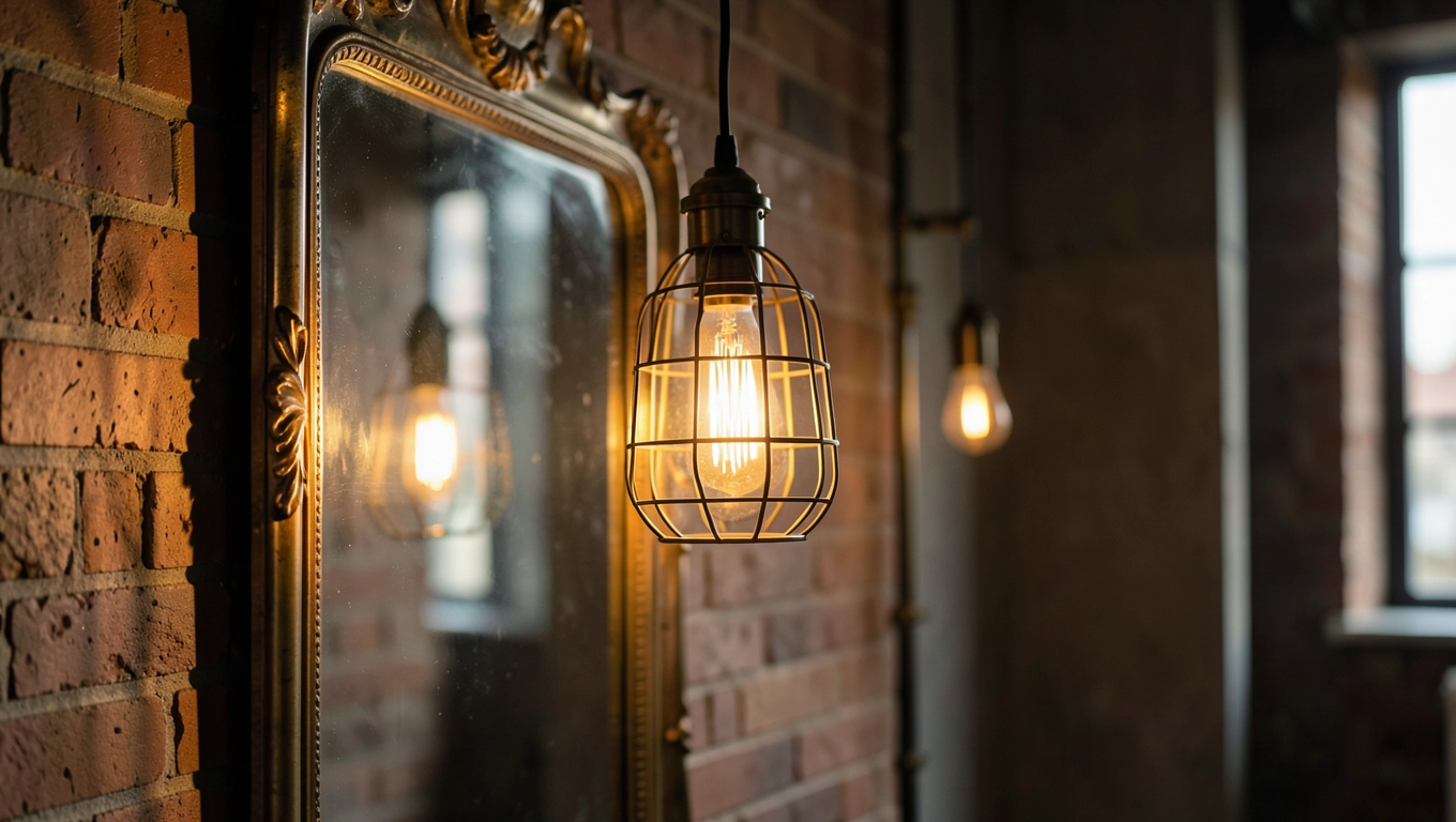 Lampa wisząca obok lustra w stylu loftowym, glamour i klasycznym
