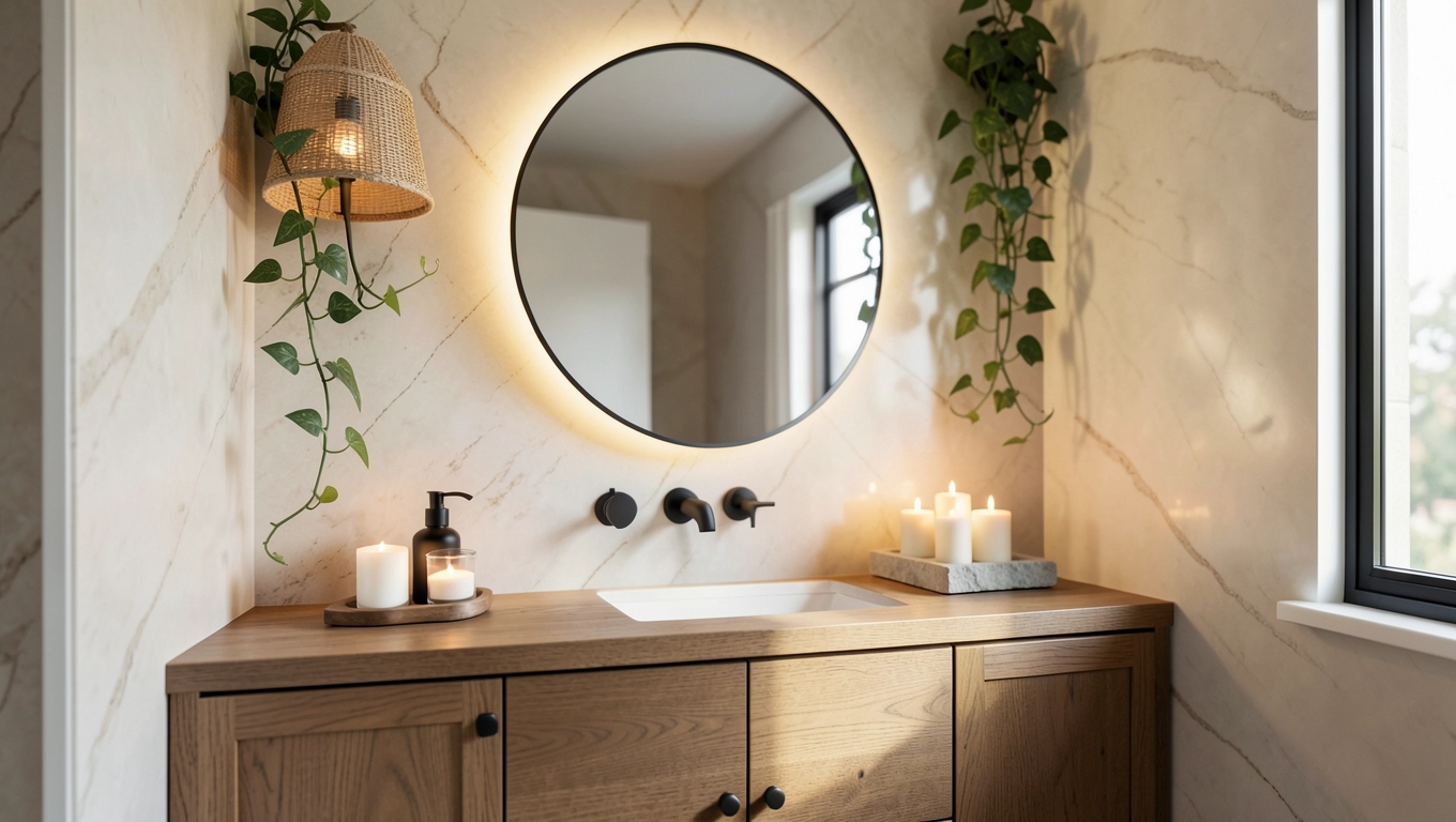 Łazienka glamour z drewnem soft glamour w stylu 2025
