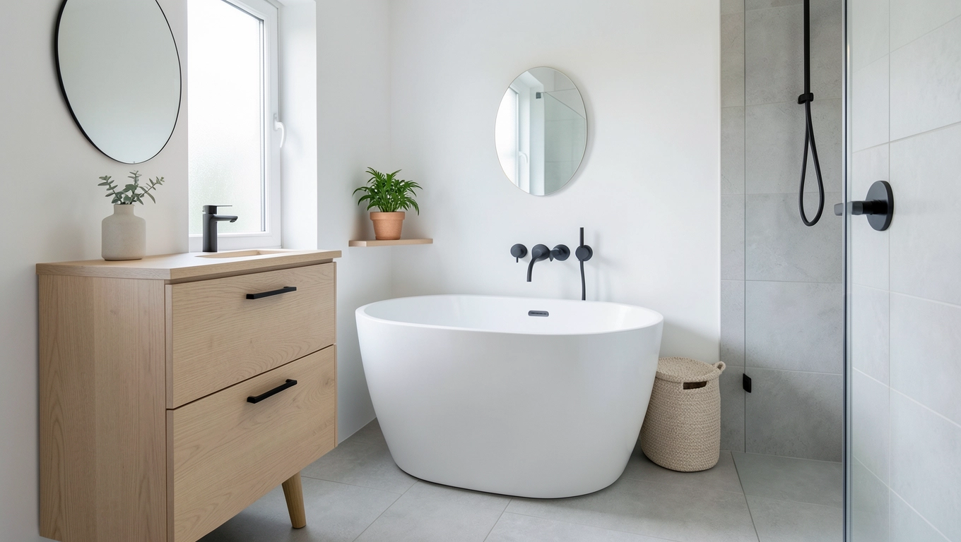 Mała łazienka w stylu skandynawskim z wanną sprytne rozwiązania do 4 m²