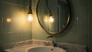 lampa łazienkowa wisząca przy lustrze
