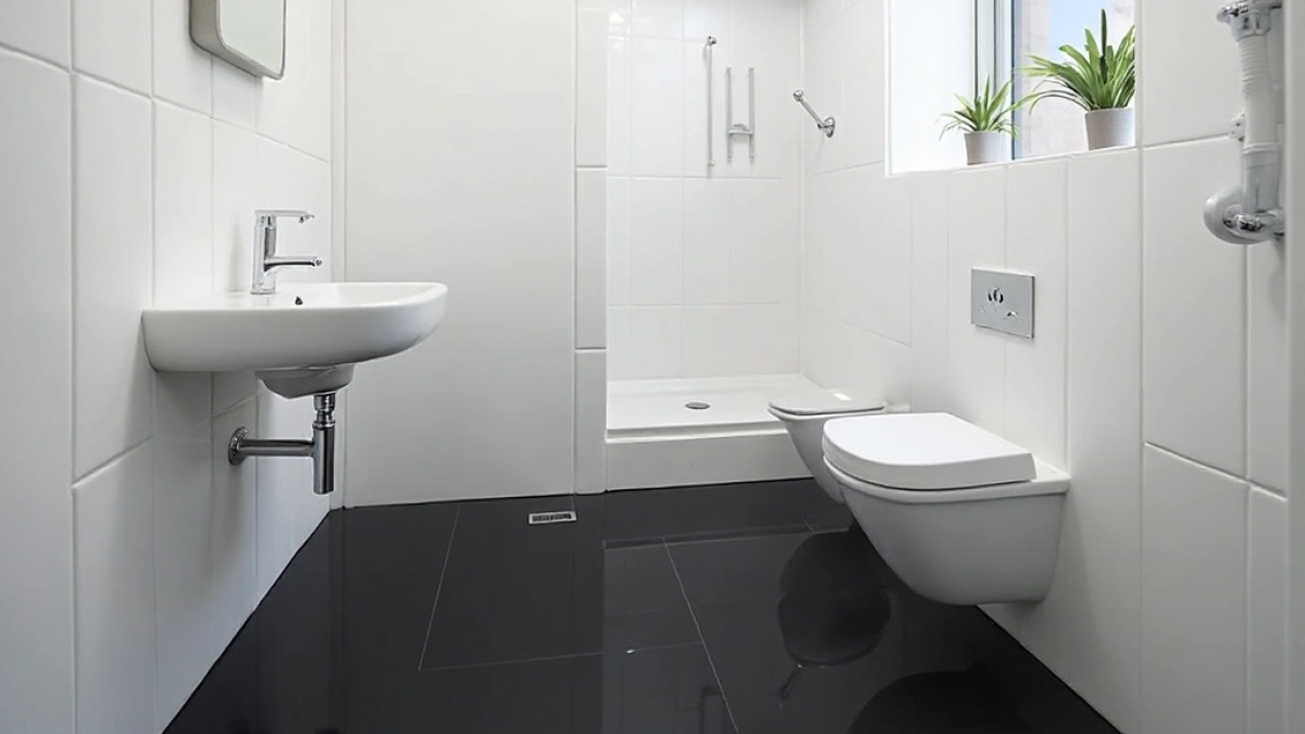 Czarna podłoga w małej łazience