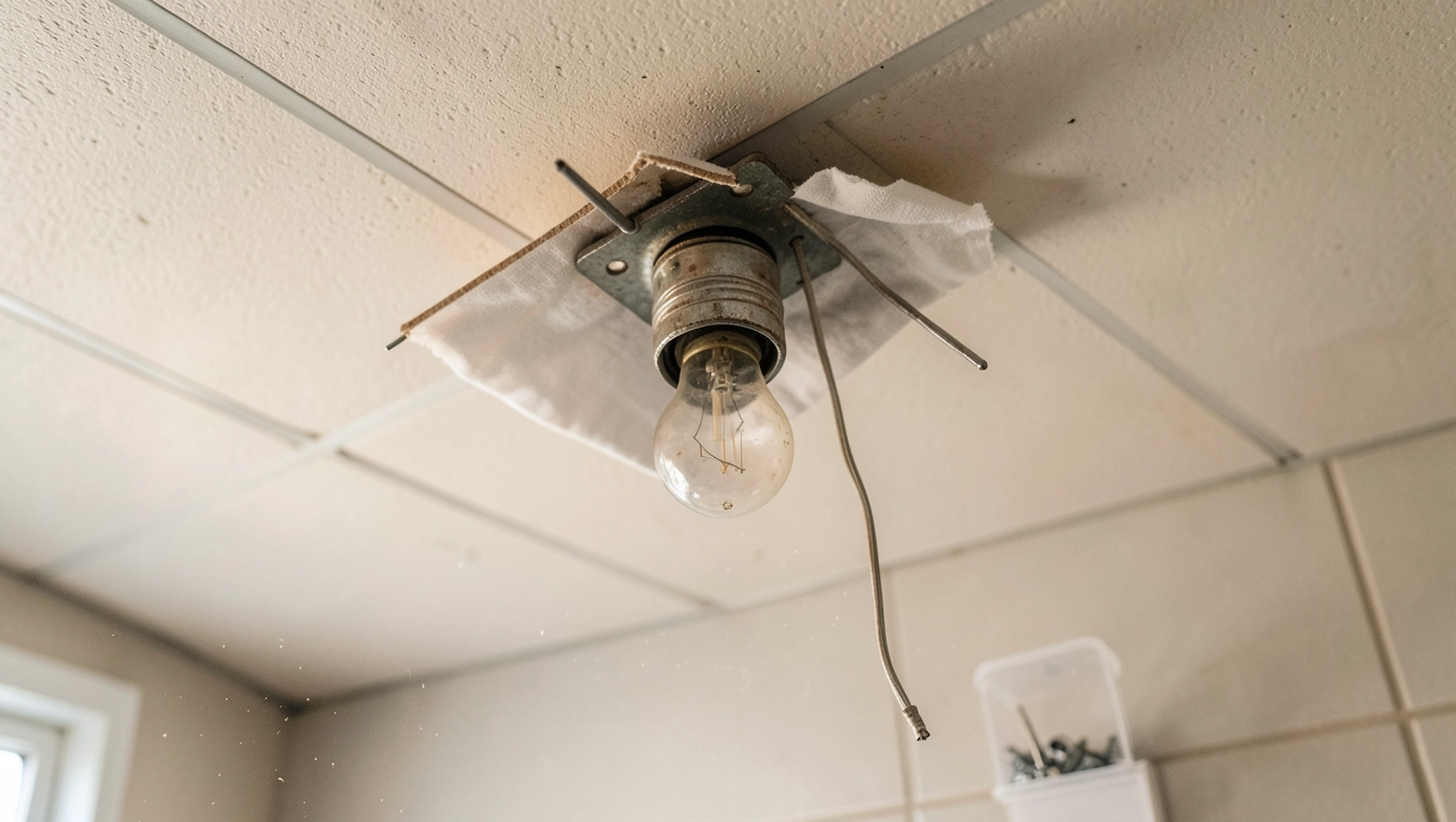 Demontaż starej oprawy halogenowej w suficie podwieszanym