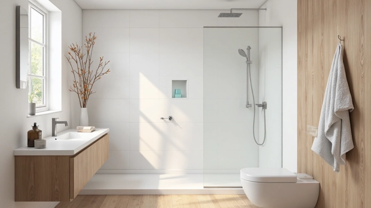 łazienki białe z drewnem