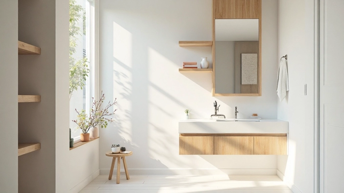 mała łazienka biel i drewno