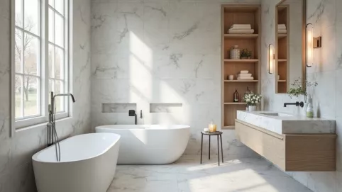 łazienka szaro biała z drewnem