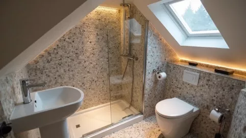 Mała łazienka na poddaszu ze skosem bez okna