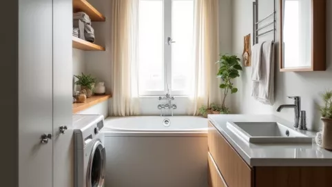 Małą łazienka z wanną i pralką inspiracje