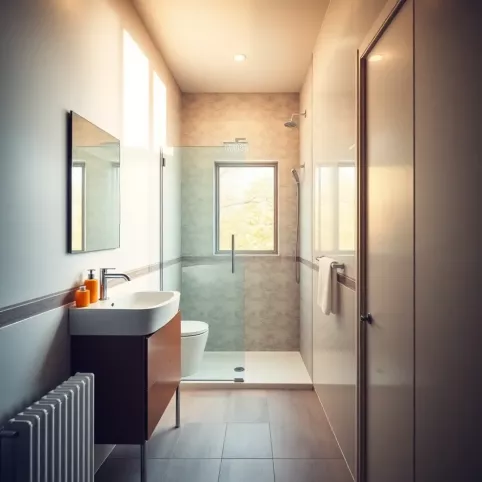 Wąską łazienka z prysznicem i oknem